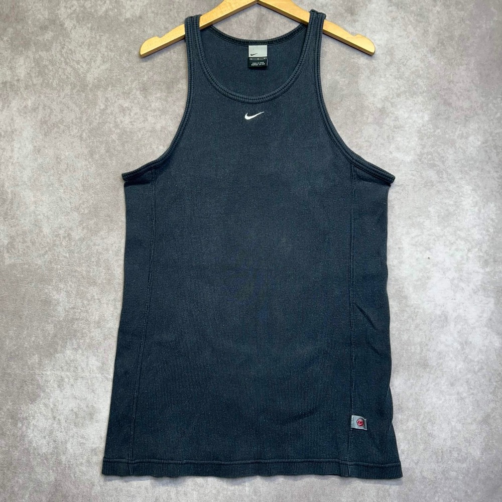 Vintage Nike Mens Ribbed Tank Top Black Embroidered Swoosh Logo Size Large 90's